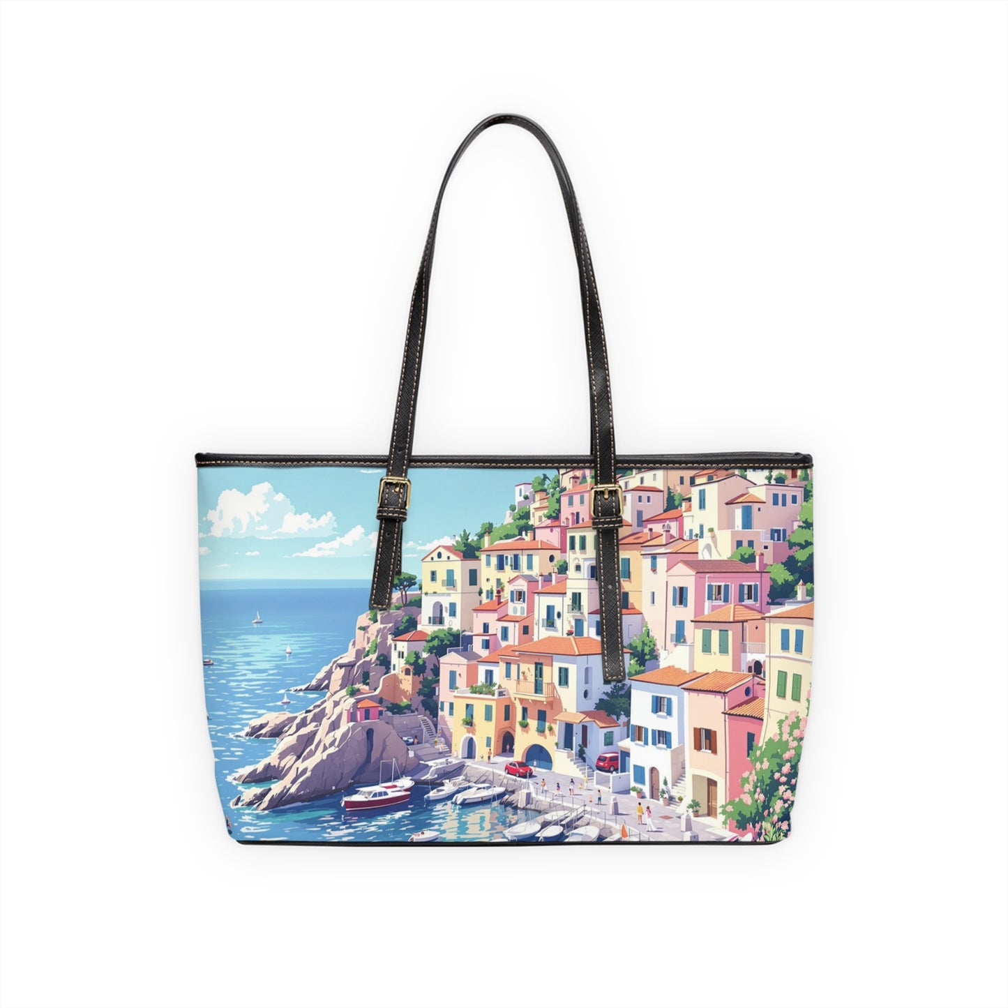 Vibrant Italian Coastal Art Tote Bag - Stylish PU Leather Shoulder Bag - Rosetta Creative Boutique
