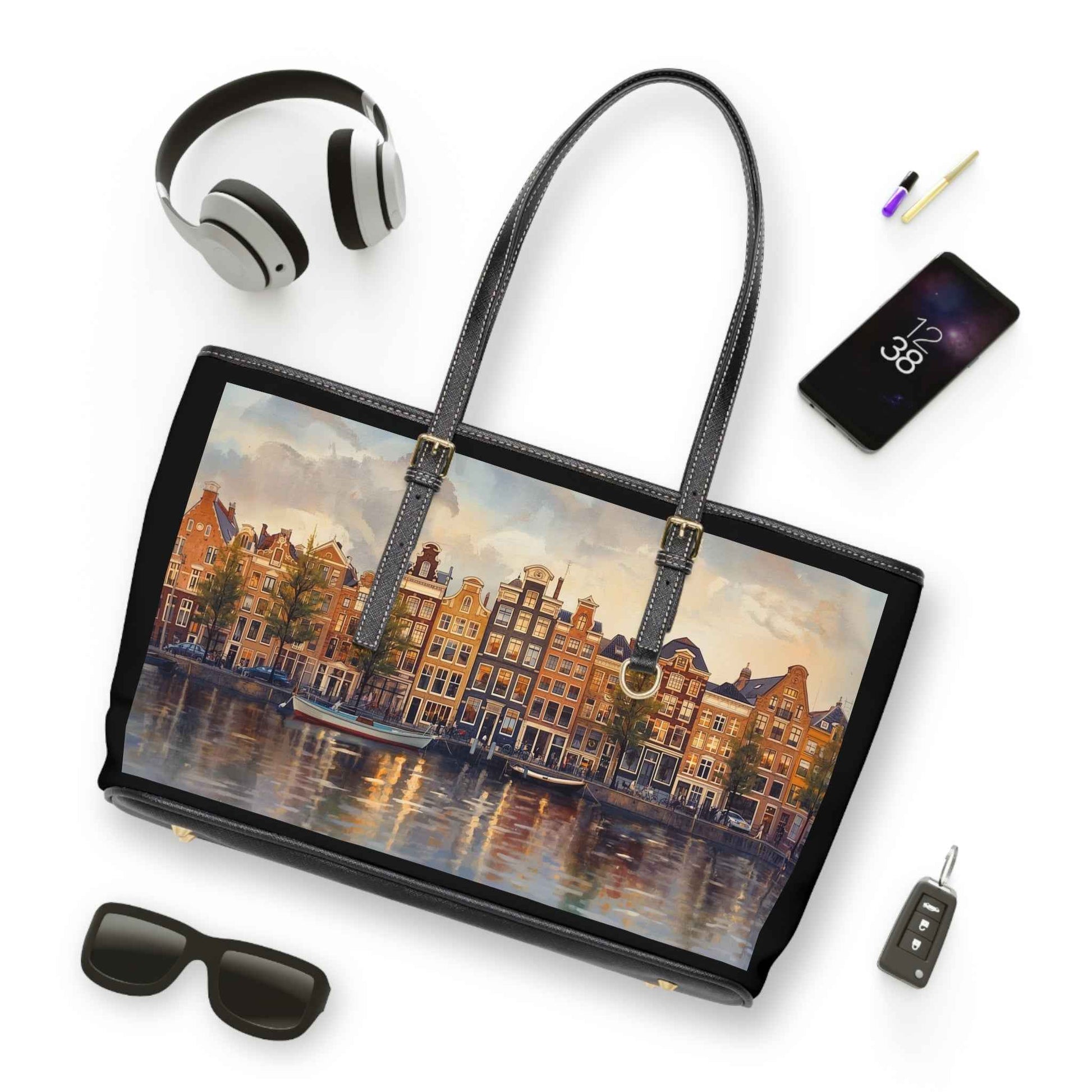 Amsterdam Cityscape PU Leather Shoulder Bag, Chic Tote, Travel Purse, Gift for Her, Wall Art-Inspired Bag