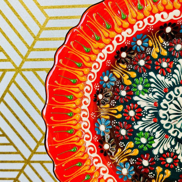 10” Turkish Ceramic Handmade & Painted Plate - Bright Orange Fire Dot Art Floral Tulip Patterned - Wall Hanging or Stand Use