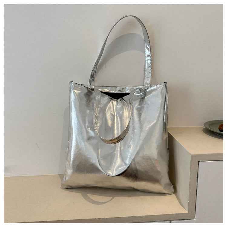 Portable Large Capacity PU Leather Shiny Shoulder Bag Commuter Tote