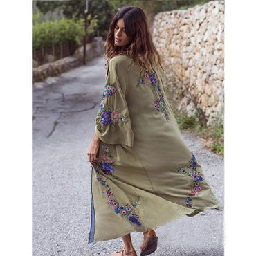 Women's Army Green Embroidered Flower Bohemian Kimono