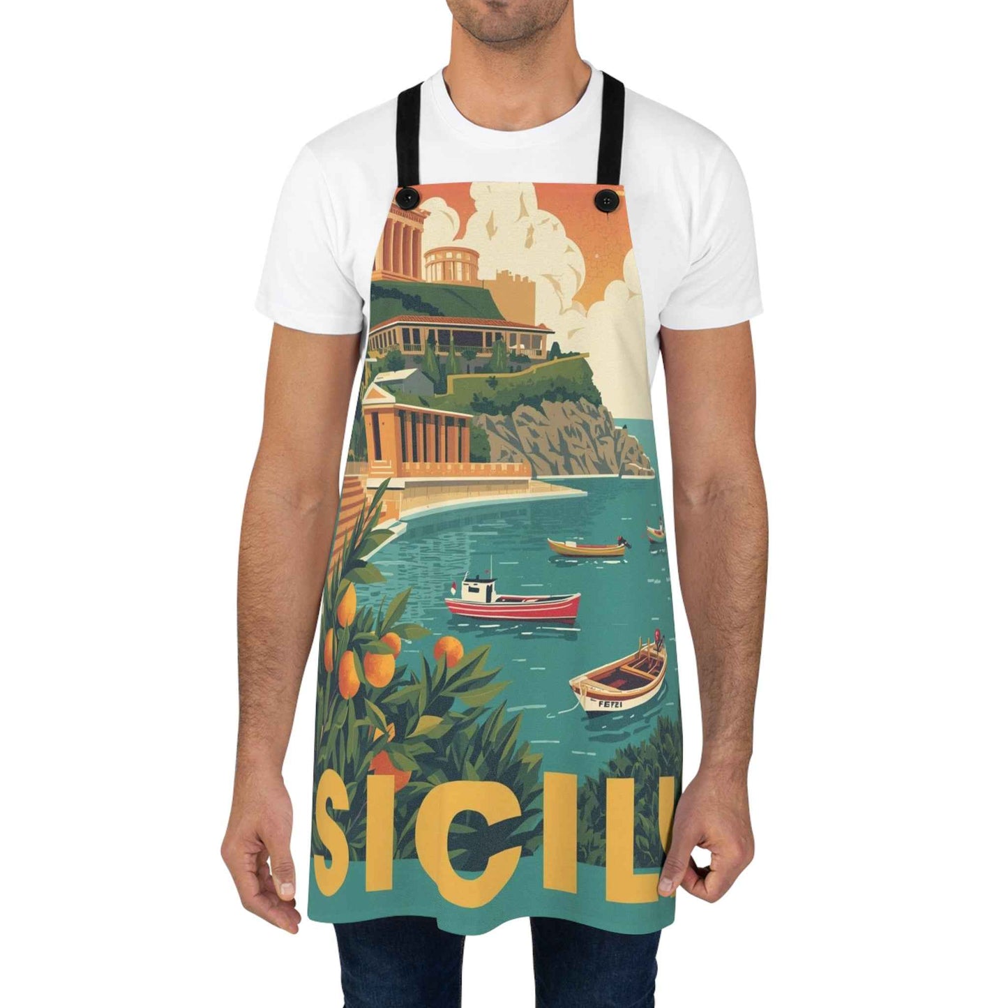 Sicily Vintage Travel Apron — Coastal Retro Kitchen Gift