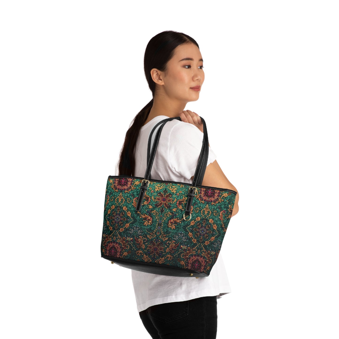 Elegant PU Leather Shoulder Bag Floral Tapestry Tote - Rosetta Creative Boutique