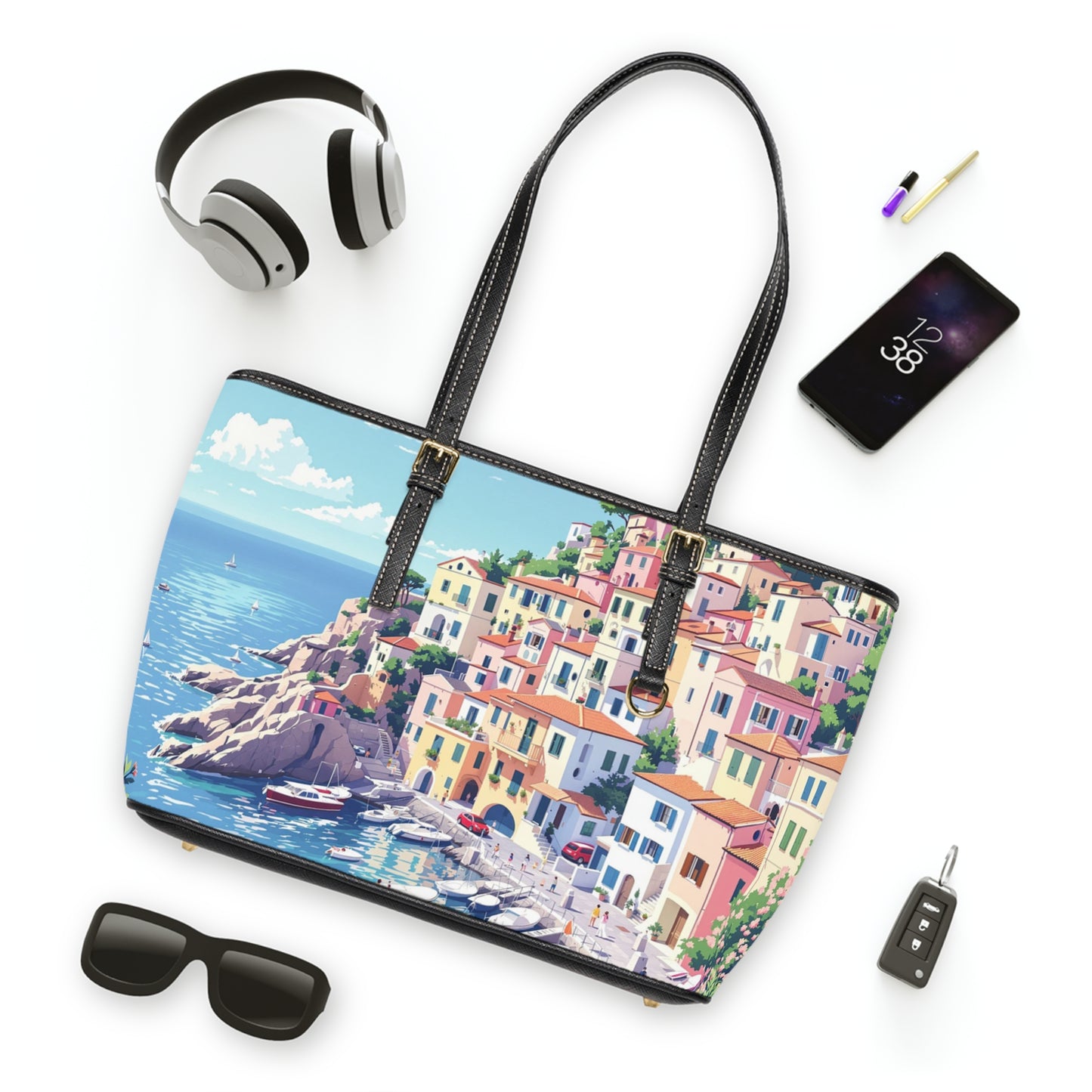Vibrant Italian Coastal Art Tote Bag - Stylish PU Leather Shoulder Bag - Rosetta Creative Boutique