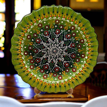 12” Turkish Ceramic Handmade & Painted Plate - Bright Green Dot Art Floral Tulip Patterned - Wall Hanging or Stand Use