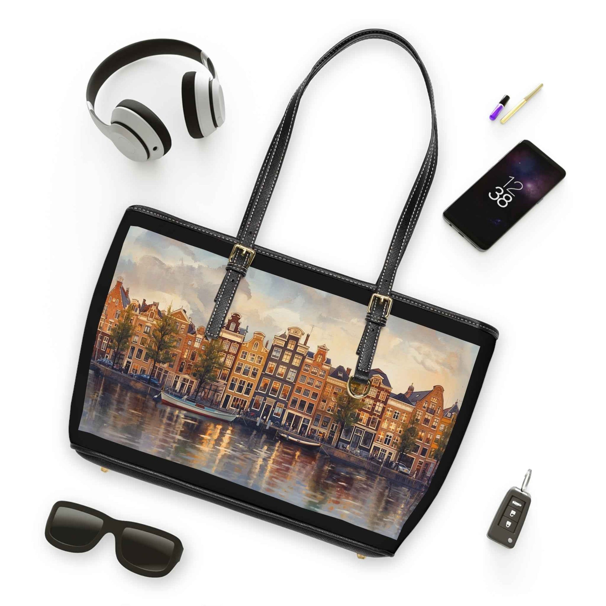 Amsterdam Cityscape PU Leather Shoulder Bag, Chic Tote, Travel Purse, Gift for Her, Wall Art-Inspired Bag
