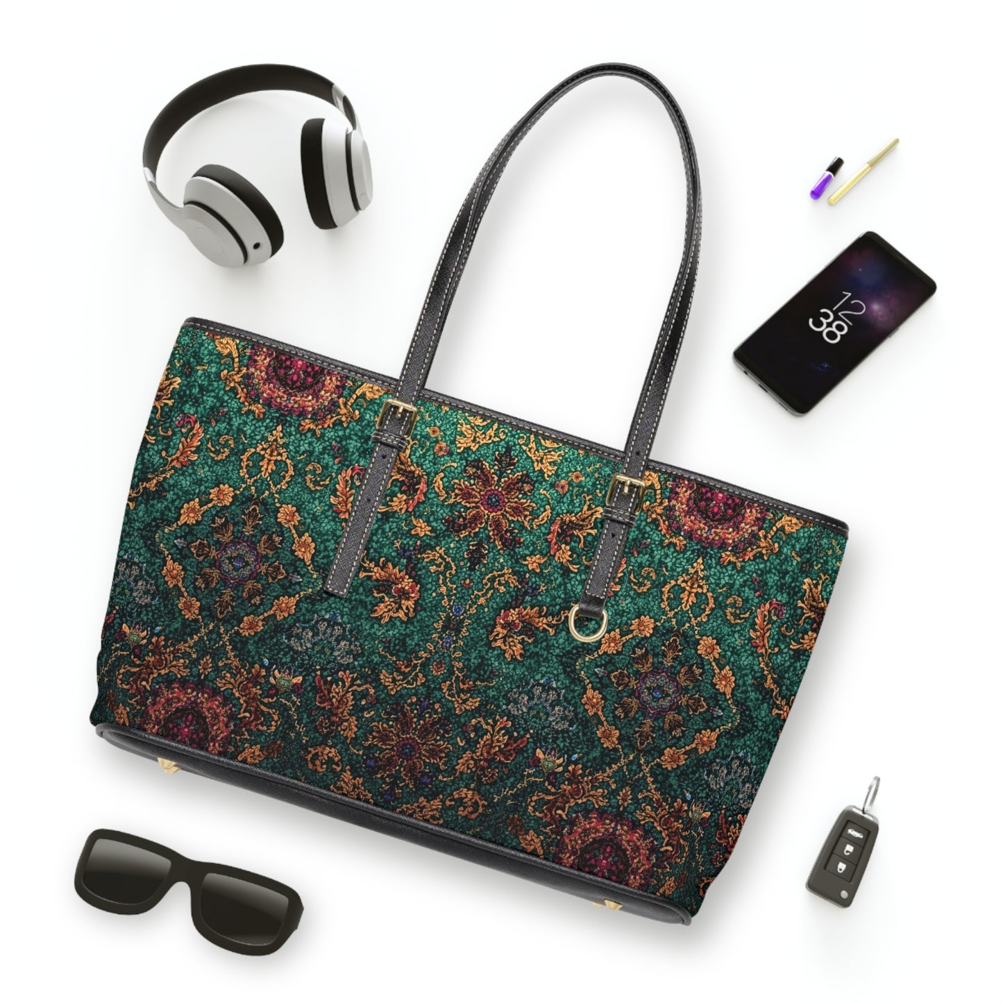 Elegant PU Leather Shoulder Bag Floral Tapestry Tote - Rosetta Creative Boutique