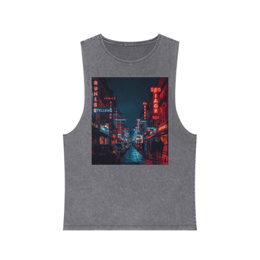 Neon French Cityscape Stonewash Tank Top With Retro Cyberpunk Night Street Print