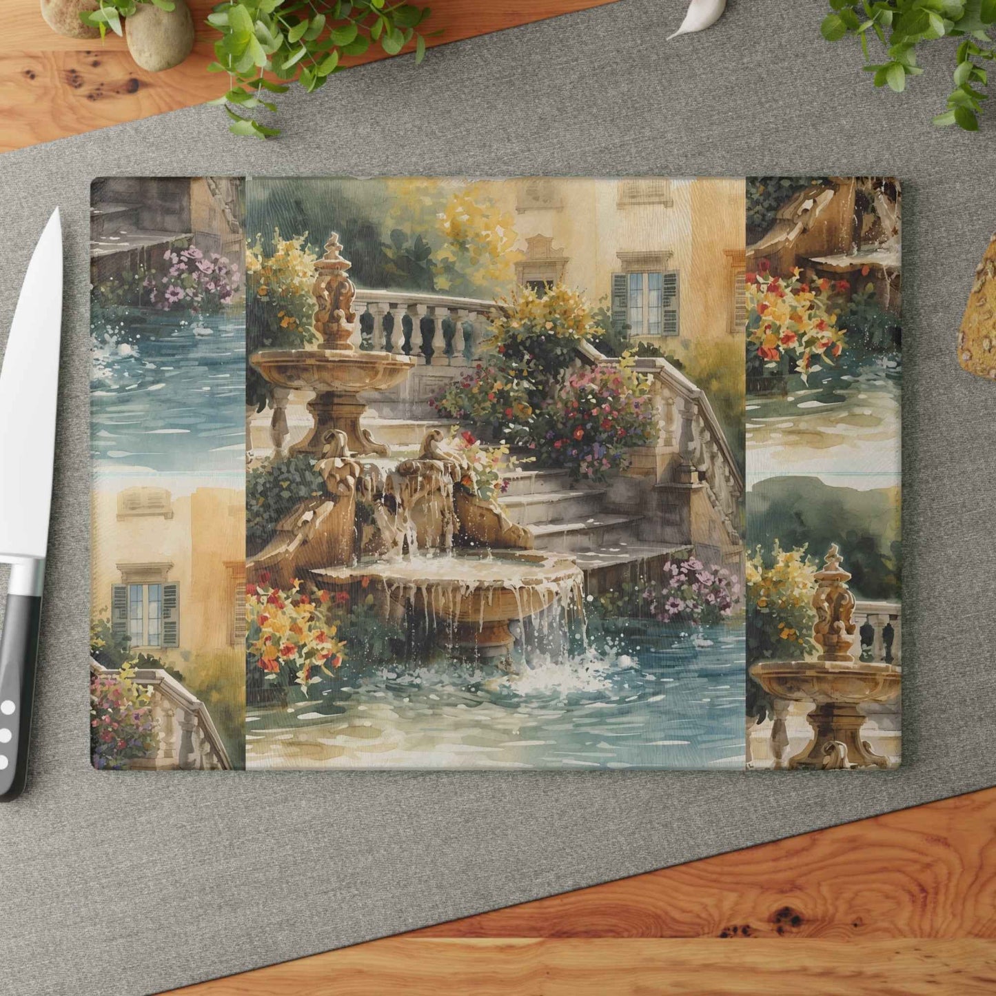 Elegant Tuscan Garden Fountain Glass Cutting Board