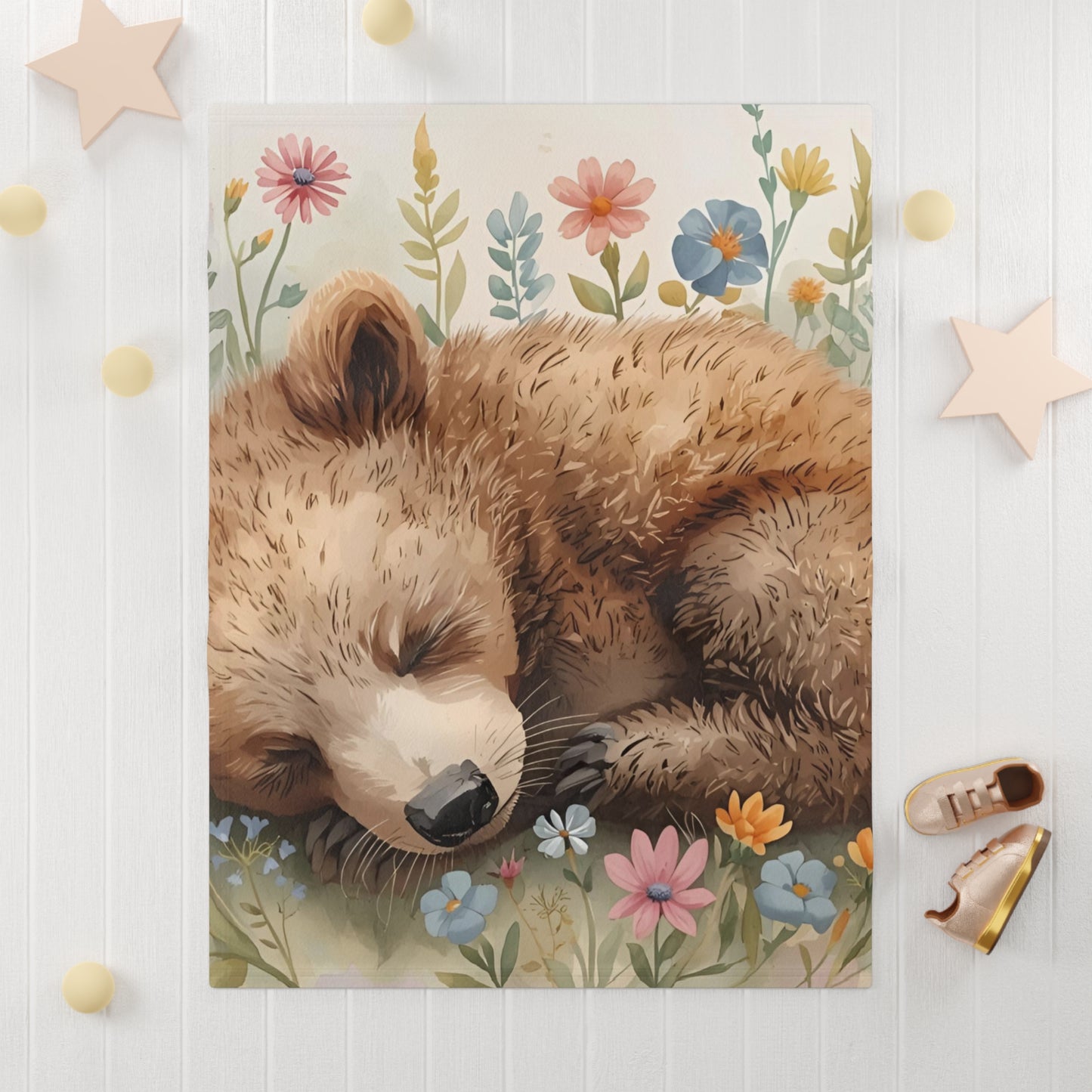 Cozy Woodland Sleeping Cub Baby Blanket Floral Bear Print - Rosetta Creative Boutique