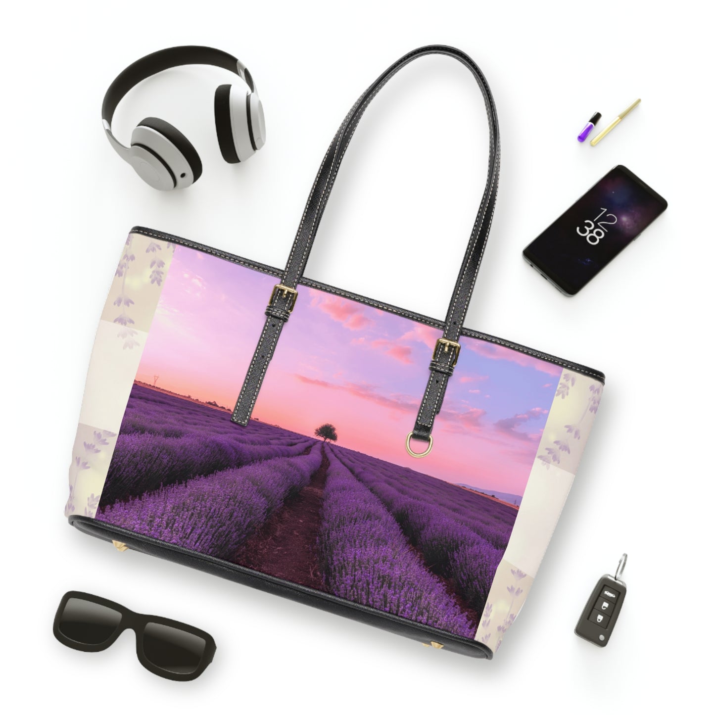 Lavender Fields Tote Bag - Stylish PU Leather Handbag Floral Purse - Rosetta Creative Boutique