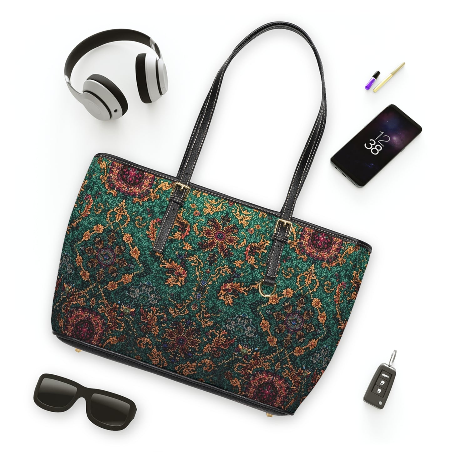Elegant PU Leather Shoulder Bag Floral Tapestry Tote - Rosetta Creative Boutique