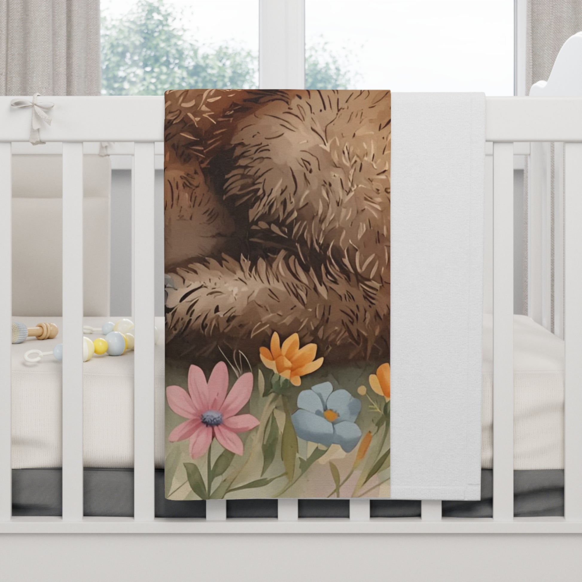 Cozy Woodland Sleeping Cub Baby Blanket Floral Bear Print - Rosetta Creative Boutique