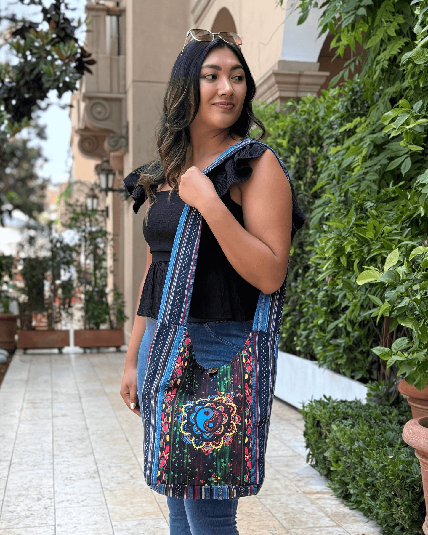 Kathmandu Yin Yang Print Hobo Bag Handmade Cotton Crossbody - Rosetta Creative Boutique