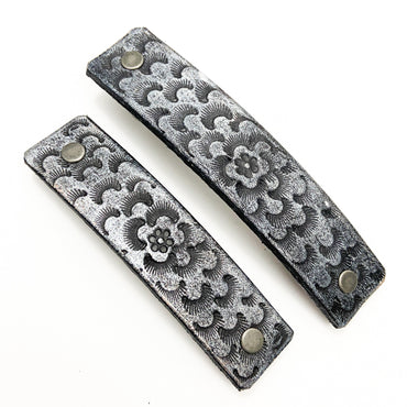 Silver And Black Chrysanthemum Tooled Leather Hair Barrette - Rosetta Creative Boutique