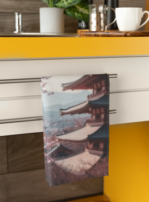 Japanese Cherry Blossom Pagoda Tea Towels, Floral Kitchen Decor, Gift for Tea Lovers, Spring Home Accessories, Unique Housewarming Present