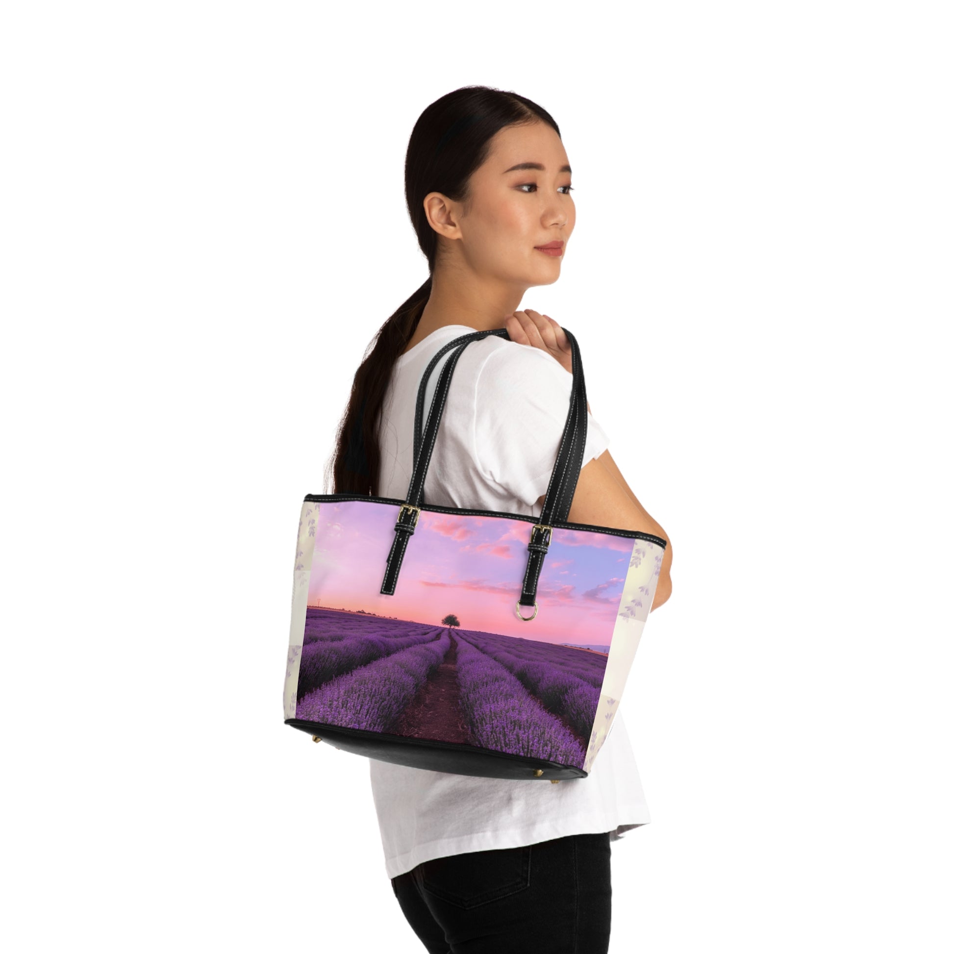 Lavender Fields Tote Bag - Stylish PU Leather Handbag Floral Purse - Rosetta Creative Boutique