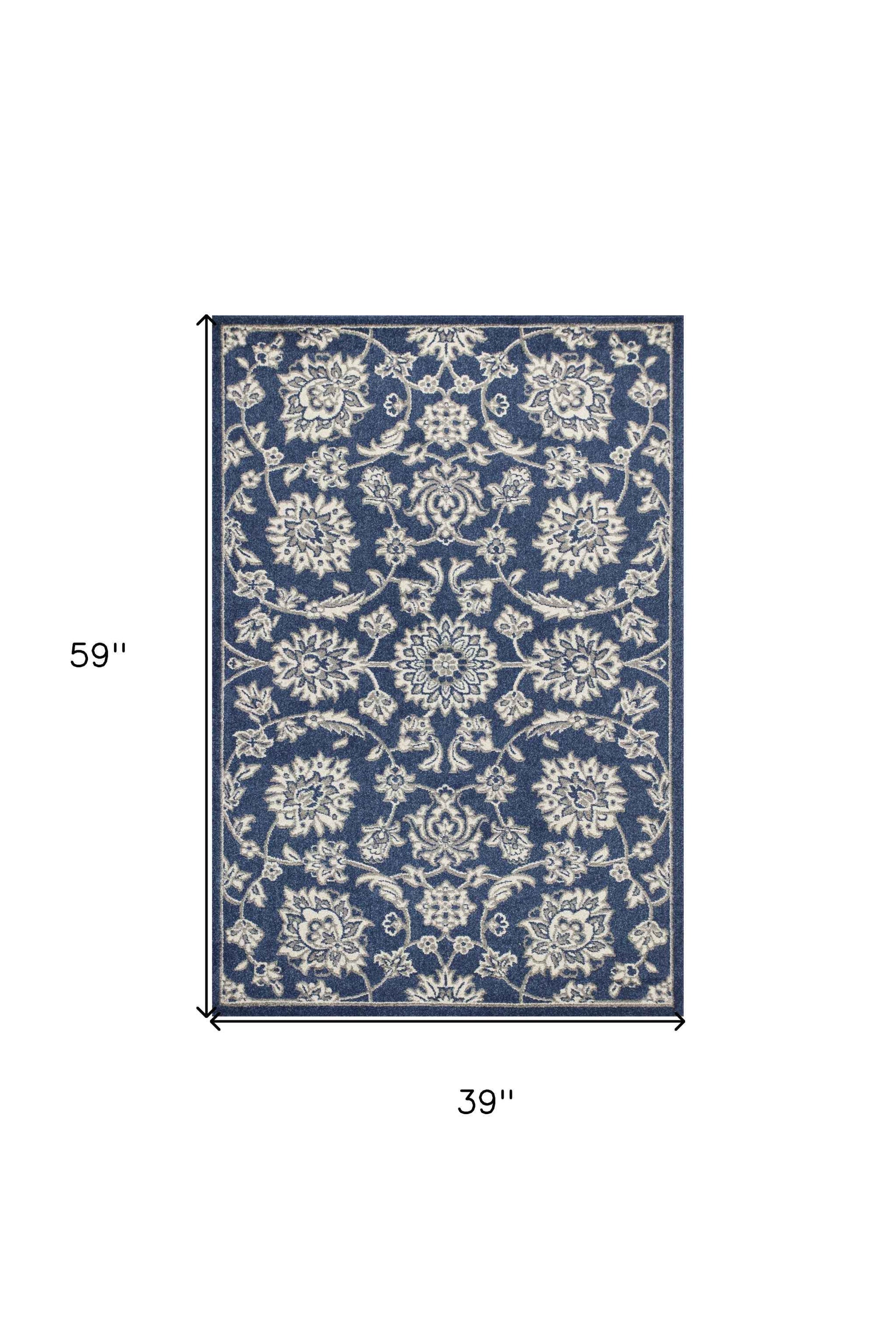 3' X 5' Blue And Ivory Floral Medallion Area Rug