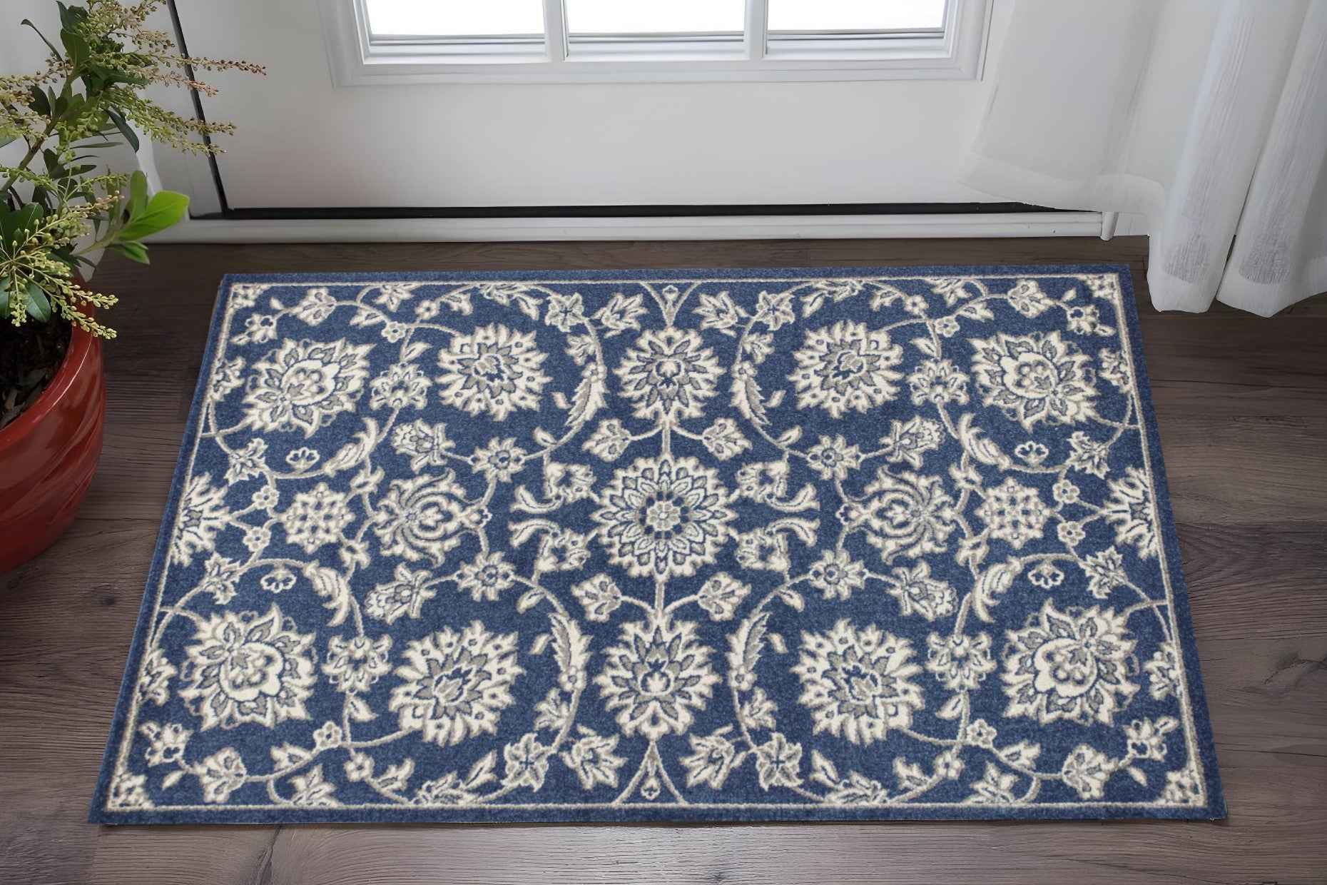 3' X 5' Blue And Ivory Floral Medallion Area Rug