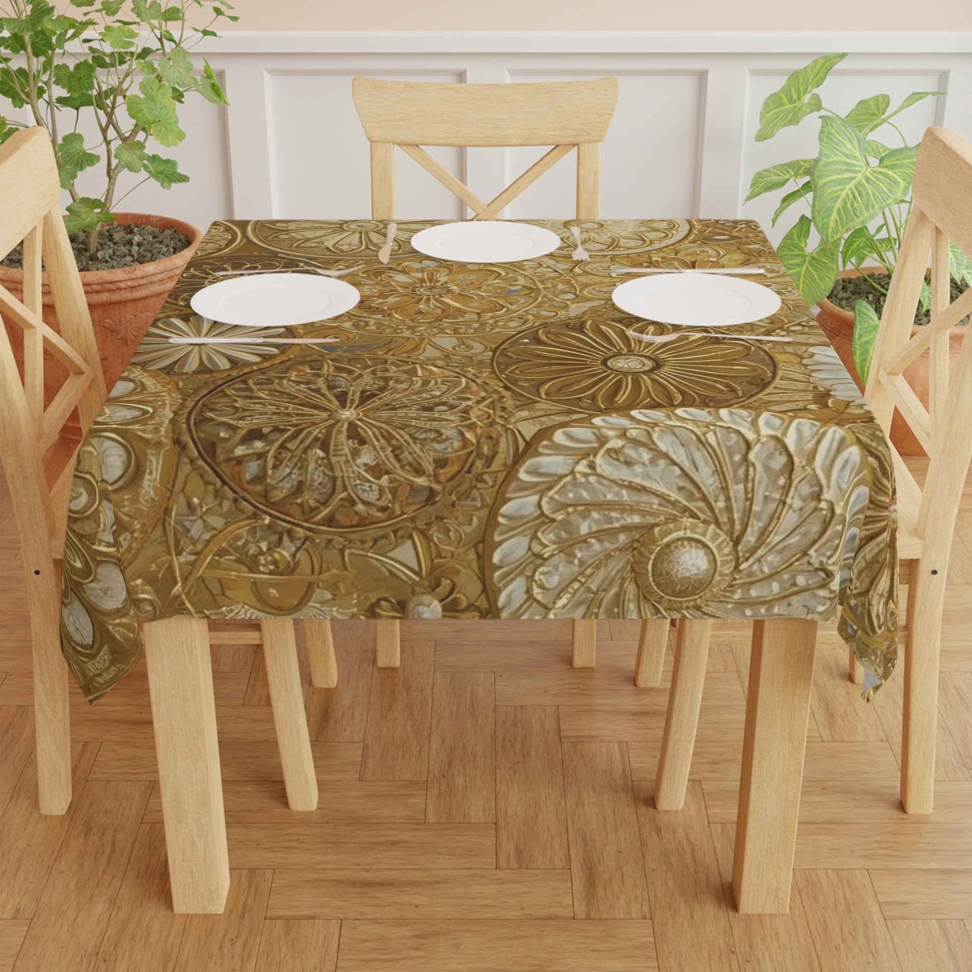 Elegant Gold Floral Tablecloth, Luxurious Dining Decor, Perfect for Weddings, Parties, and Your Home