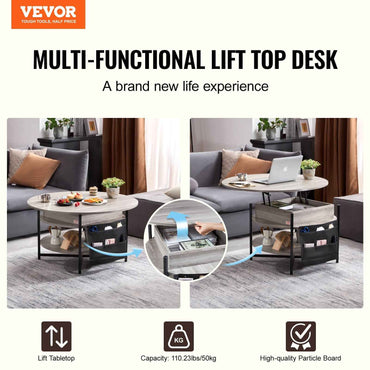 White Lift Top Coffee Table, 35.3 In Round Coffee Table With Extra Storage Pockets