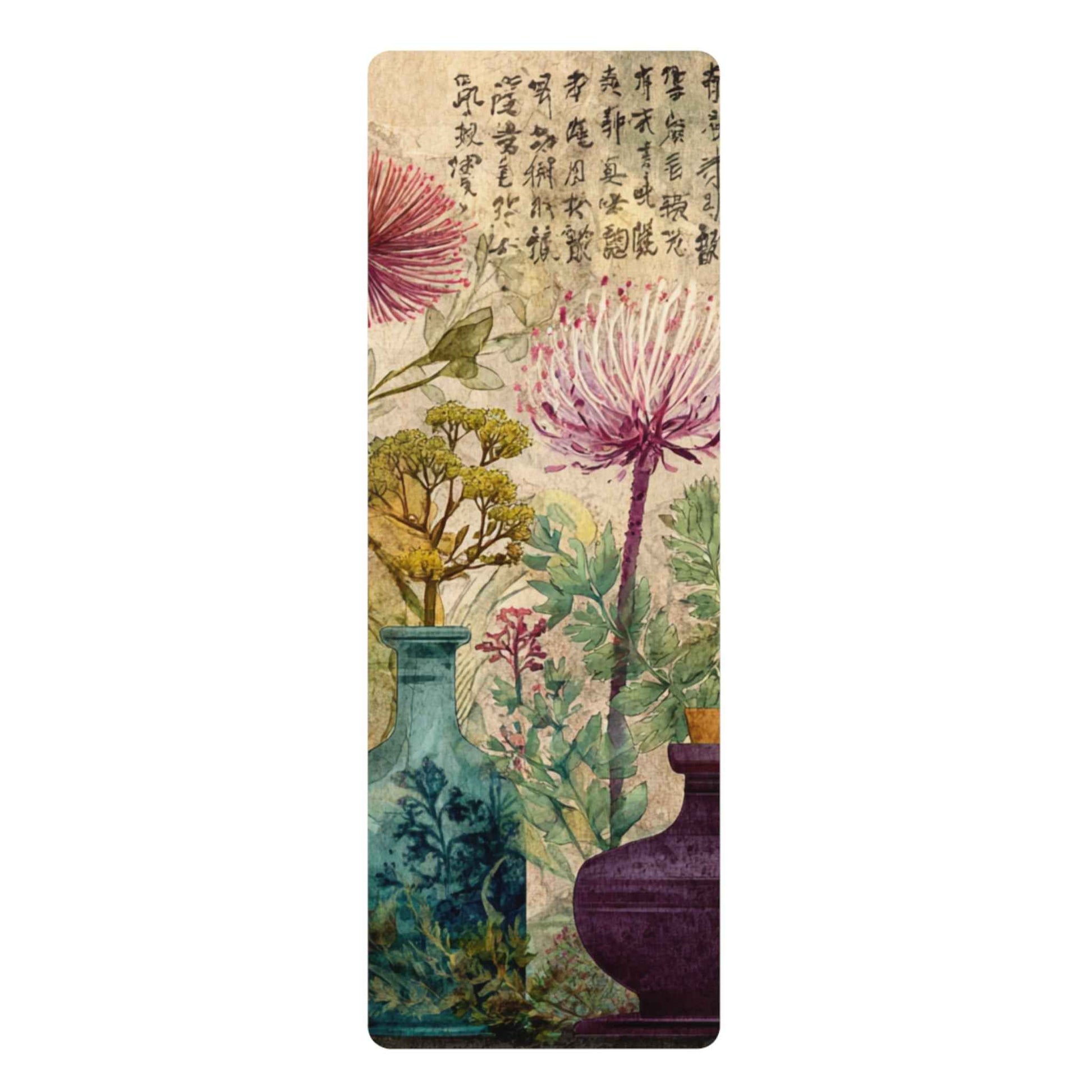 Asian Botanical Print Yoga Mat - Eco-Friendly Rubber Surface for Comfort and Stability