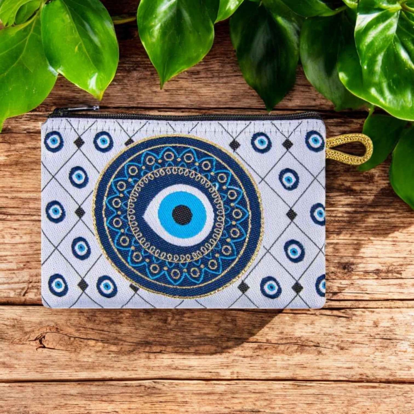 White Evil Eye Patterned Woven Zipper Coin Purse