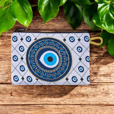 White Evil Eye Patterned Woven Zipper Coin Purse