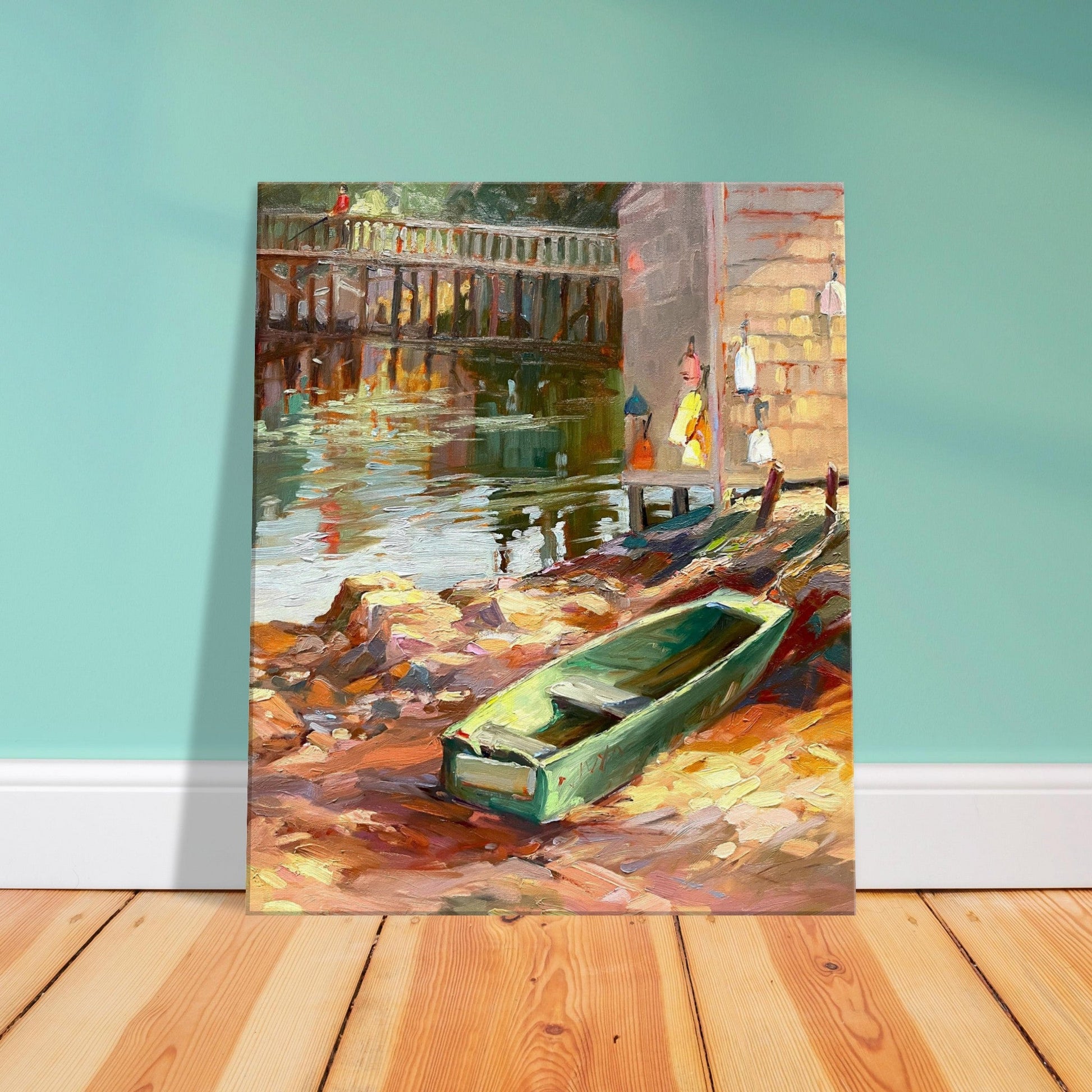 'Boathouse Reflections' Coastal I 20x24 inch Art Print on Canvas I Original Artwork by American Artist Barbara Cleary - Rosetta Creative Boutique