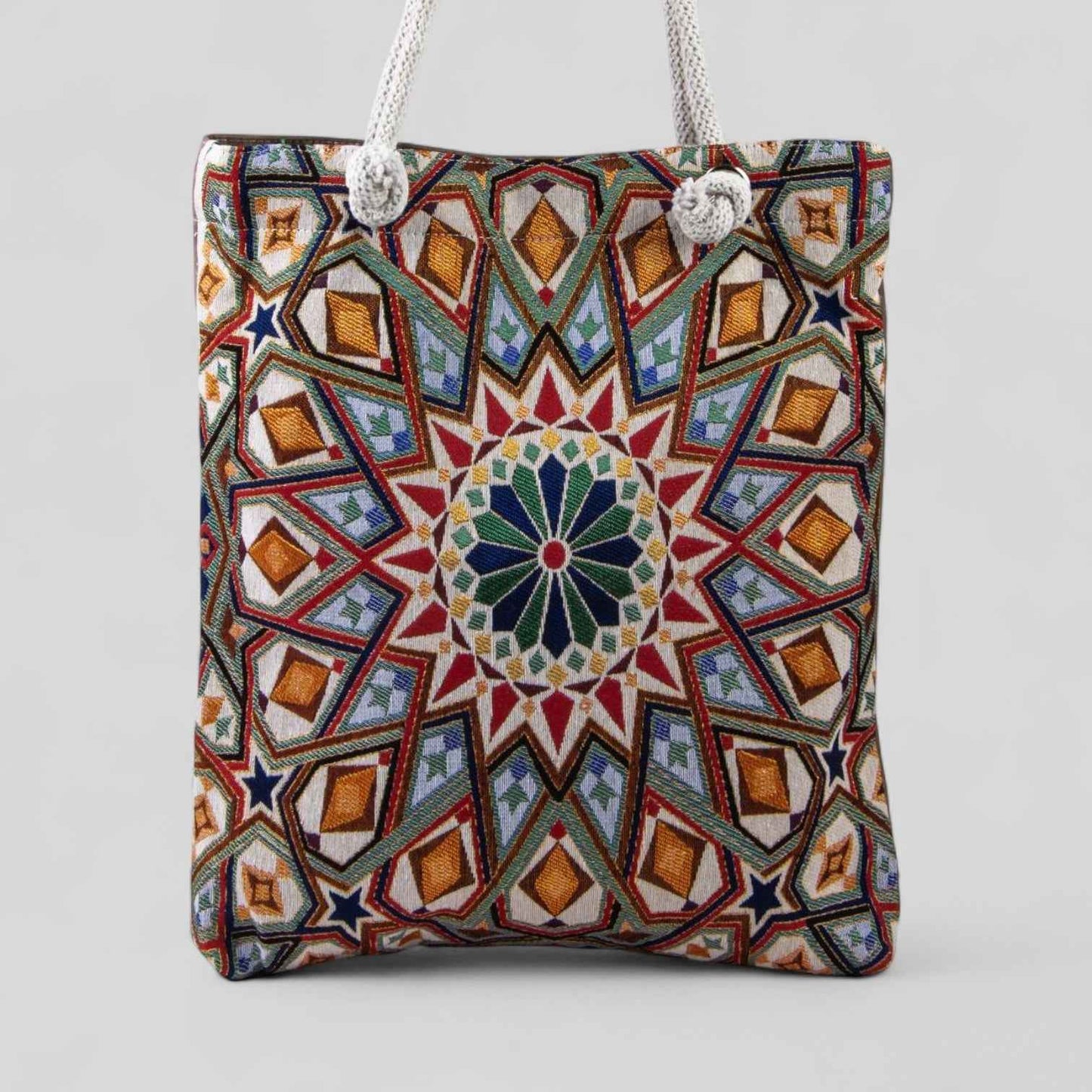 Authentic Kilim Fabric Purse with Rope Handles, Turkish Carpet, Beach Bag, Tote, Reusable Shopping Bag -- Geometric Mandala