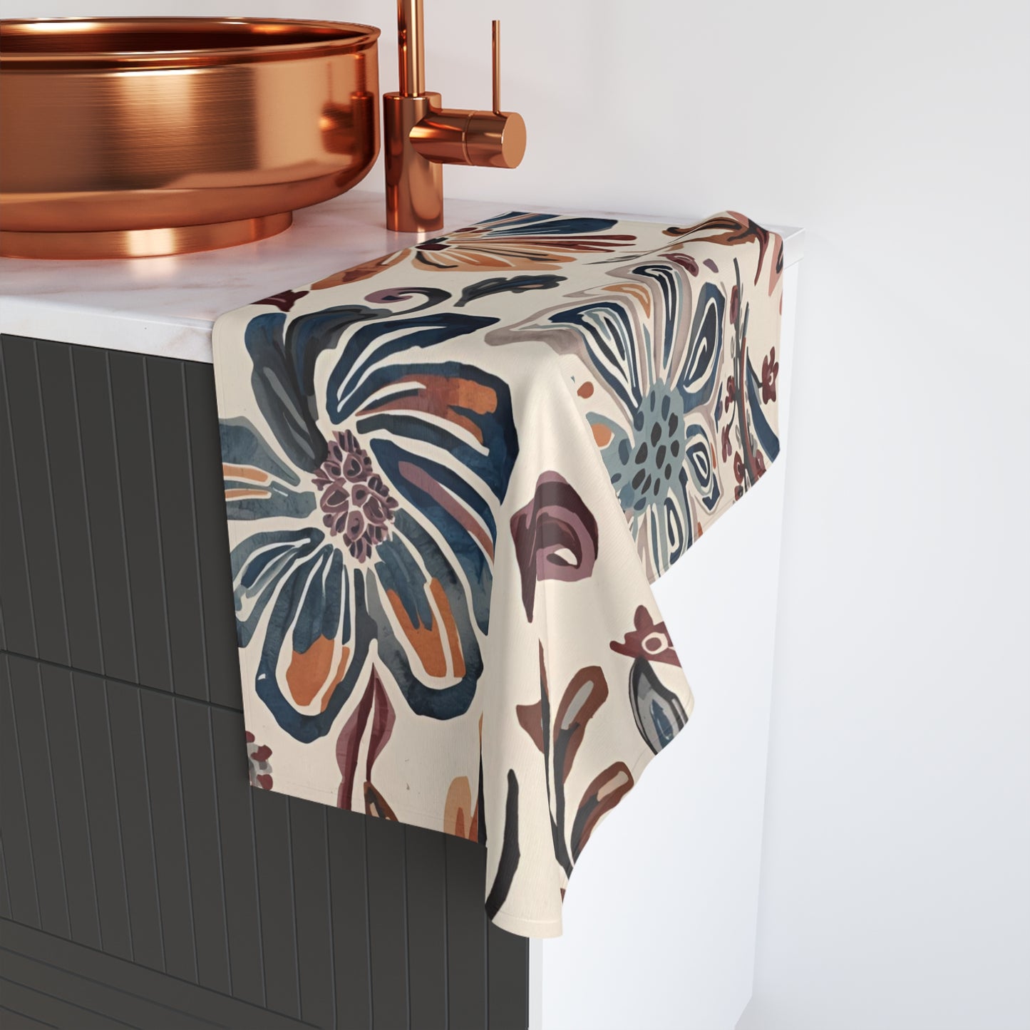 Floral Watercolor Hand Towel — Boho Blue & Terracotta Kitchen or Bath Accent