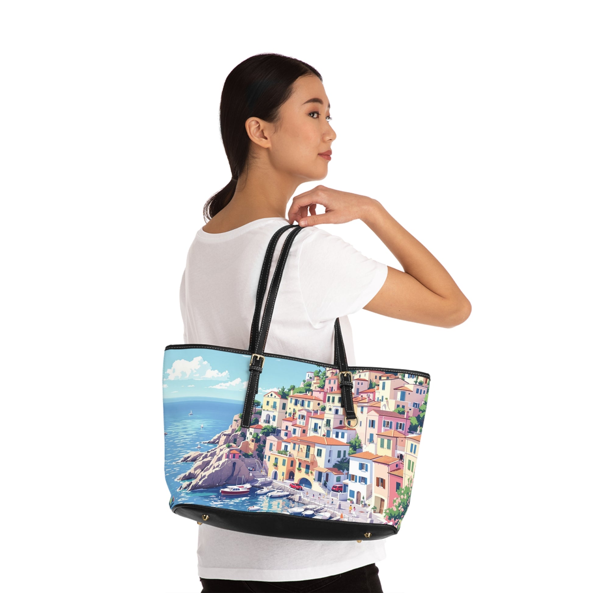 Vibrant Italian Coastal Art Tote Bag - Stylish PU Leather Shoulder Bag - Rosetta Creative Boutique