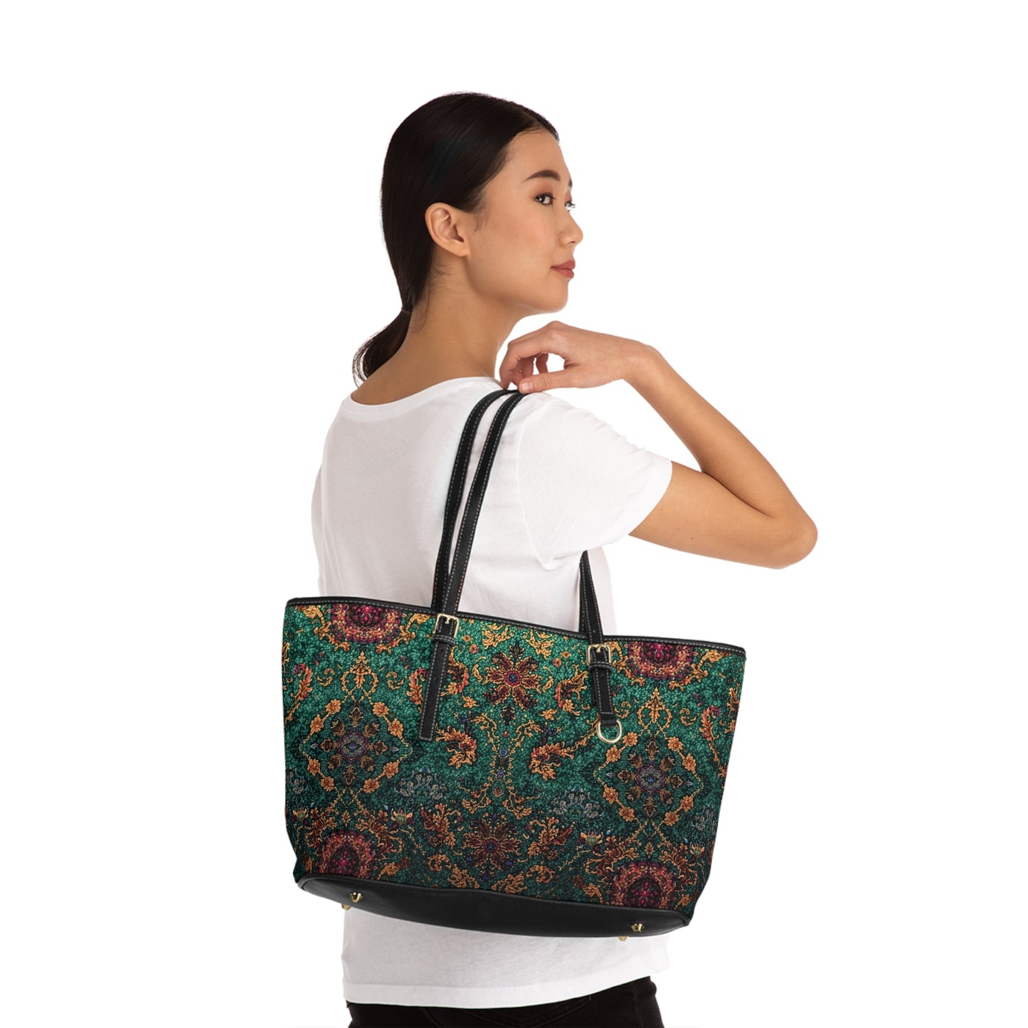 Elegant PU Leather Shoulder Bag Floral Tapestry Tote - Rosetta Creative Boutique