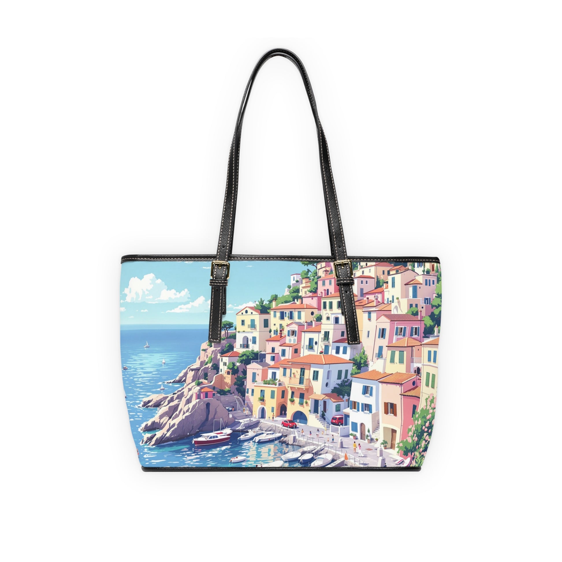 Vibrant Italian Coastal Art Tote Bag - Stylish PU Leather Shoulder Bag - Rosetta Creative Boutique