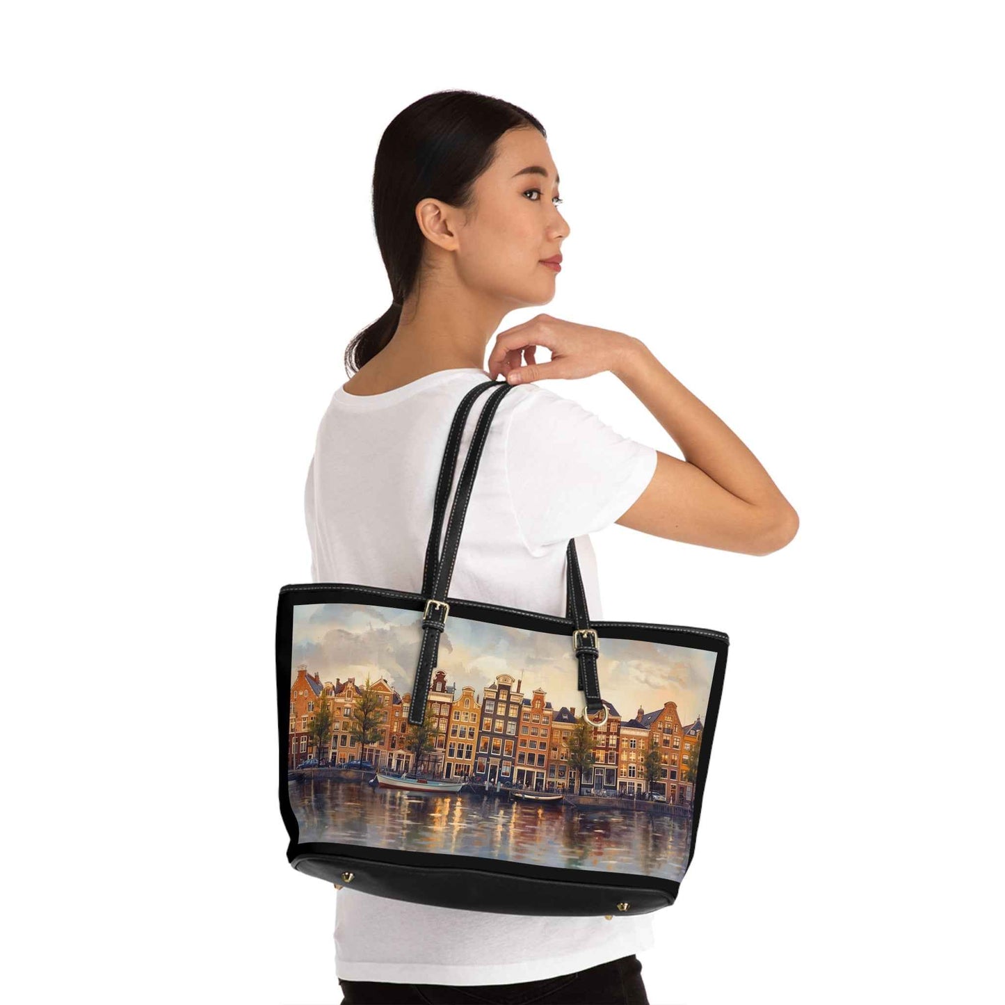 Amsterdam Cityscape PU Leather Shoulder Bag, Chic Tote, Travel Purse, Gift for Her, Wall Art-Inspired Bag