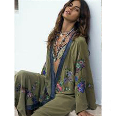 Women's Army Green Embroidered Flower Bohemian Kimono