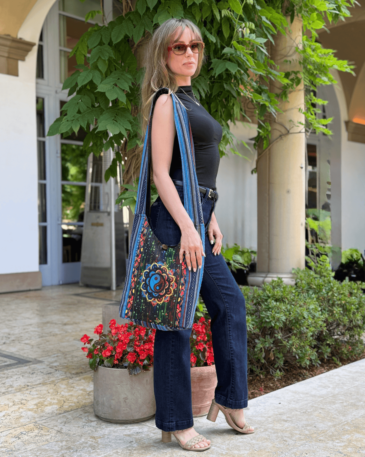 Kathmandu Yin Yang Print Hobo Bag Handmade Cotton Crossbody - Rosetta Creative Boutique