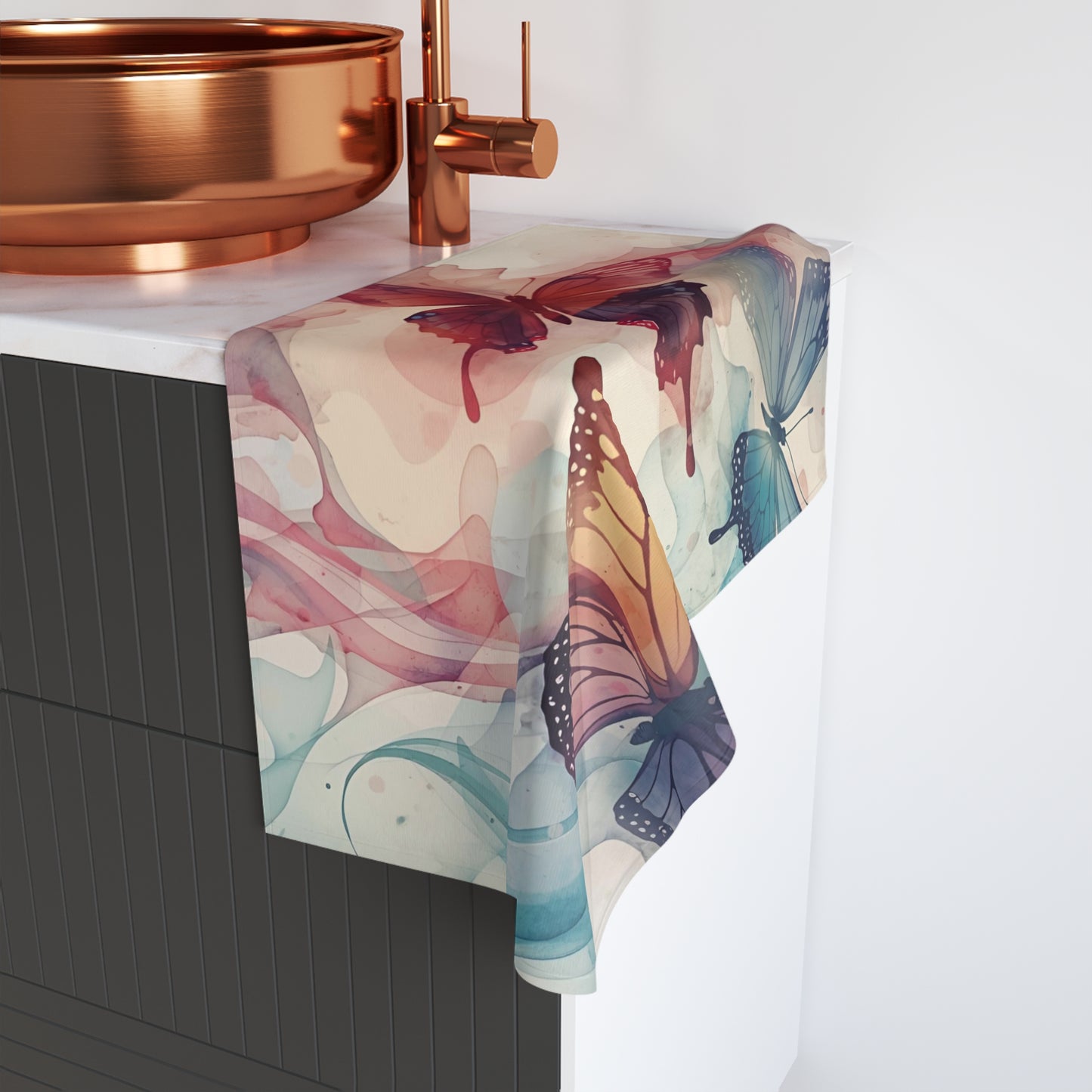 Butterfly Watercolor Hand Towel — Colorful Flying Butterflies Kitchen & Bath Towel