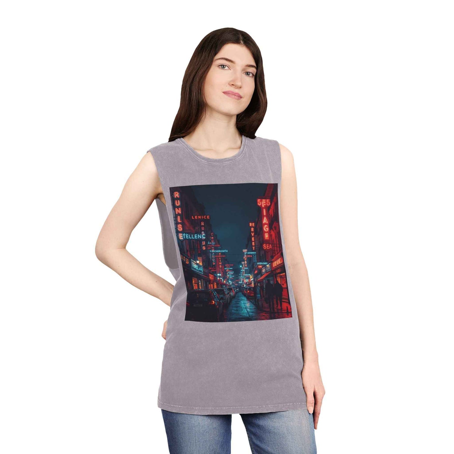 Neon French Cityscape Stonewash Tank Top With Retro Cyberpunk Night Street Print