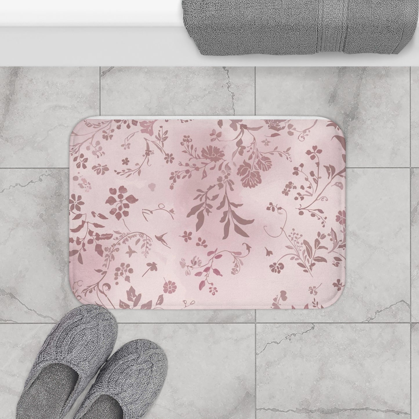 Blush Floral Bath Mat — Soft Pink Vintage Vine Bathroom Rug
