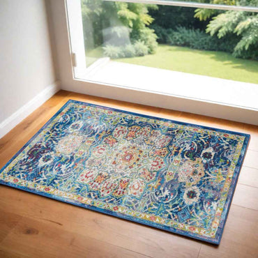 2' X 4' Ivory and Yellow Floral Medallion Distressed Non Skid Area Rug-1