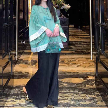 Green Loose Long Sleeve Chinese Style Jacquard Top With Knot Button