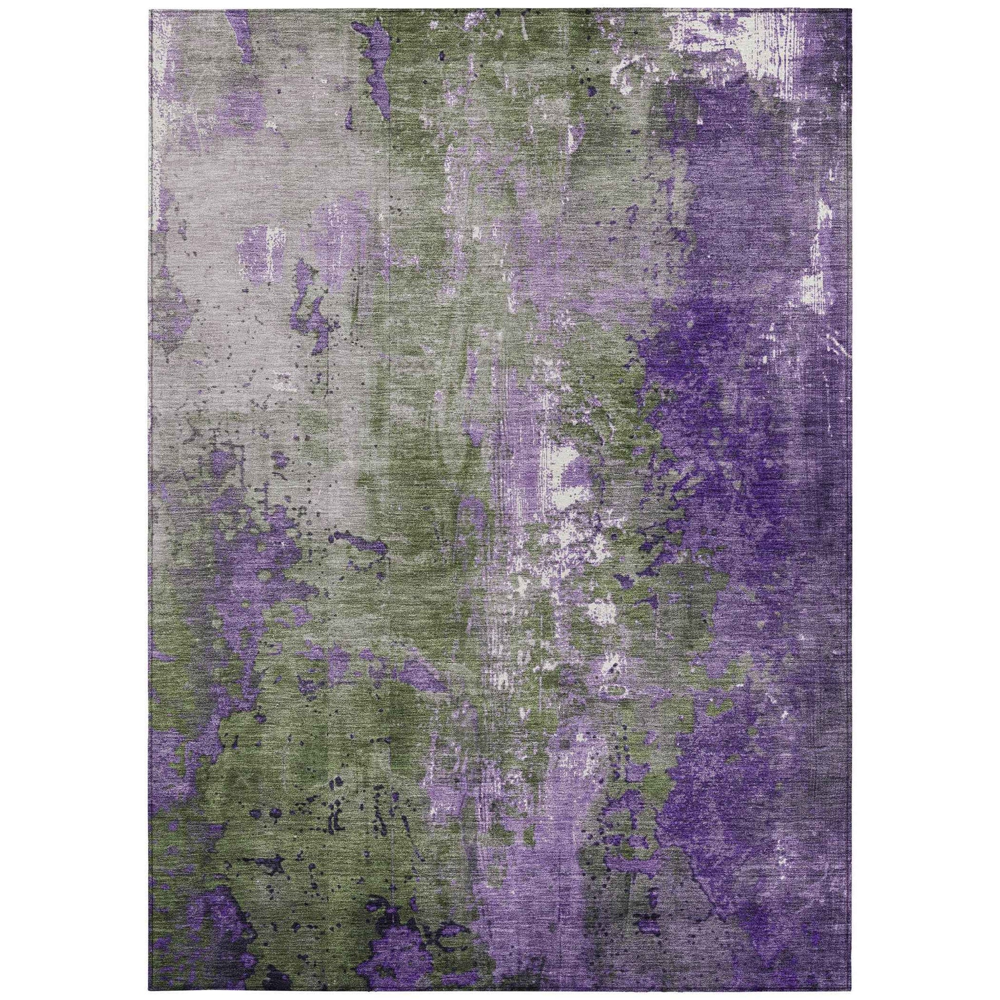 3' X 5' Olive Green And Purple Abstract Washable Indoor Outdoor Area Rug