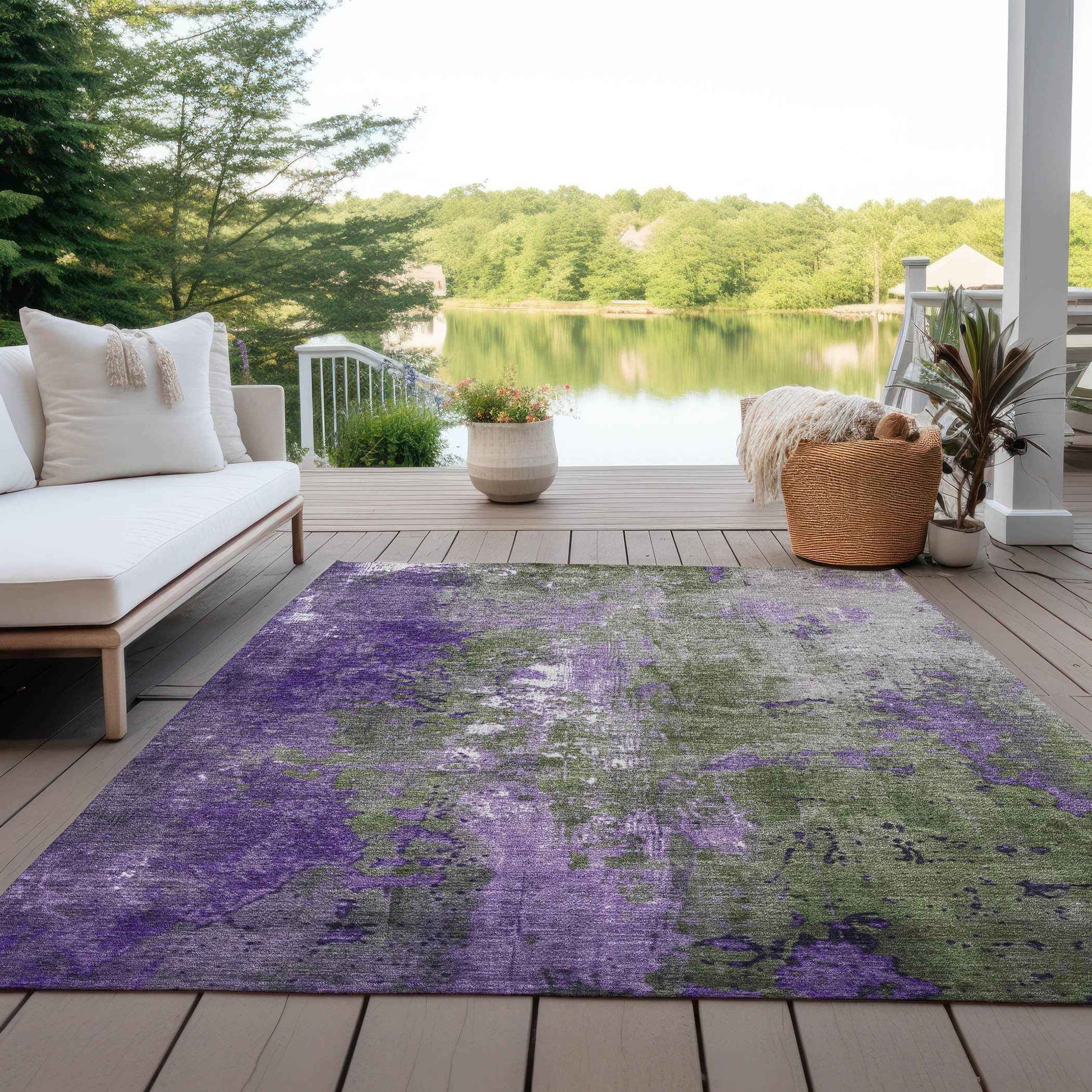 3' X 5' Olive Green And Purple Abstract Washable Indoor Outdoor Area Rug