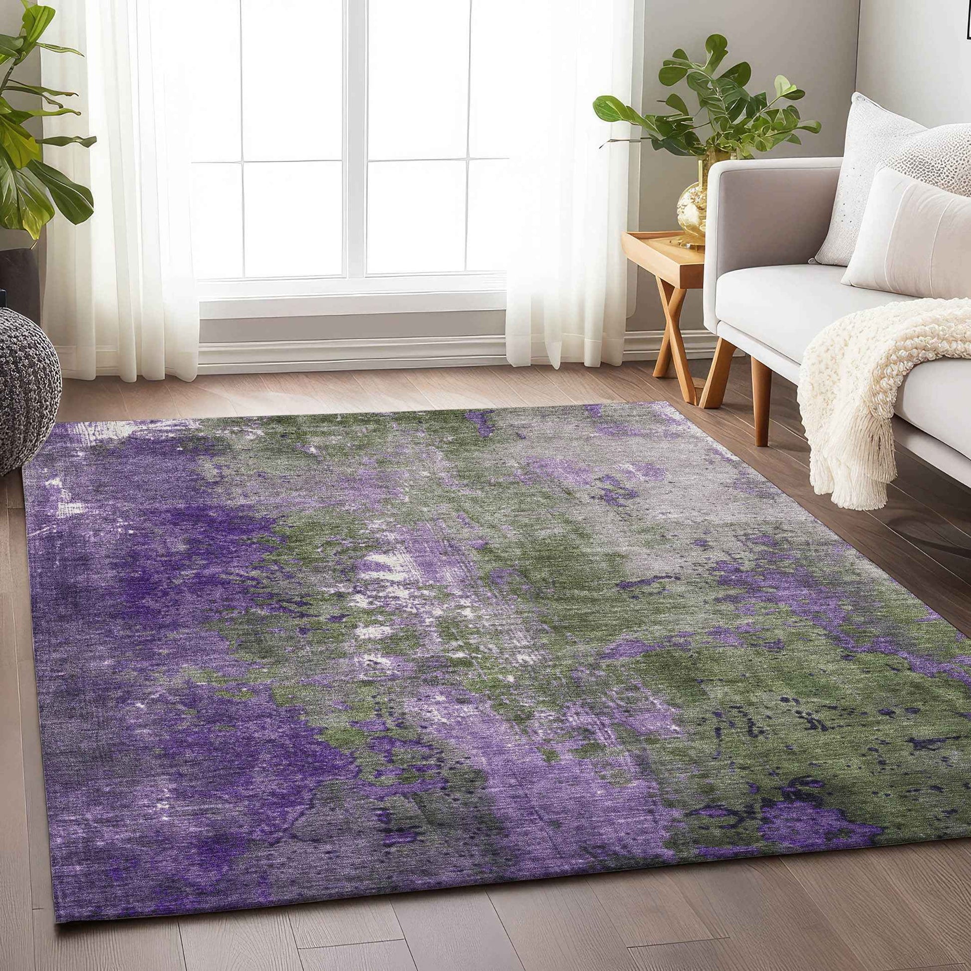 3' X 5' Olive Green And Purple Abstract Washable Indoor Outdoor Area Rug