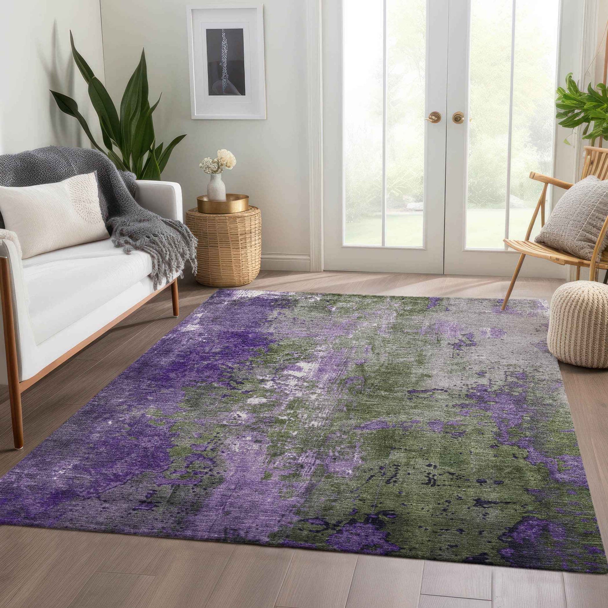3' X 5' Olive Green And Purple Abstract Washable Indoor Outdoor Area Rug