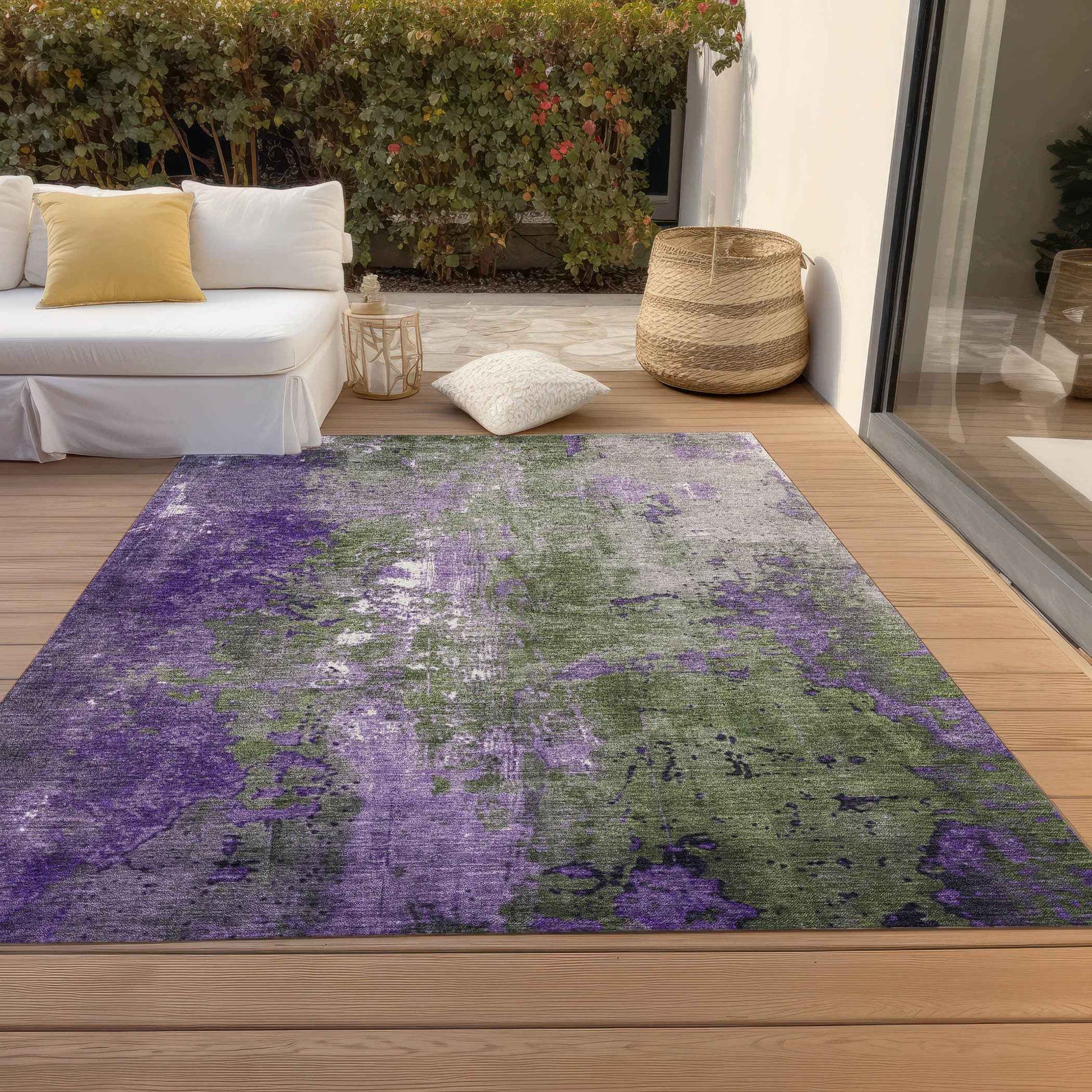 3' X 5' Olive Green And Purple Abstract Washable Indoor Outdoor Area Rug