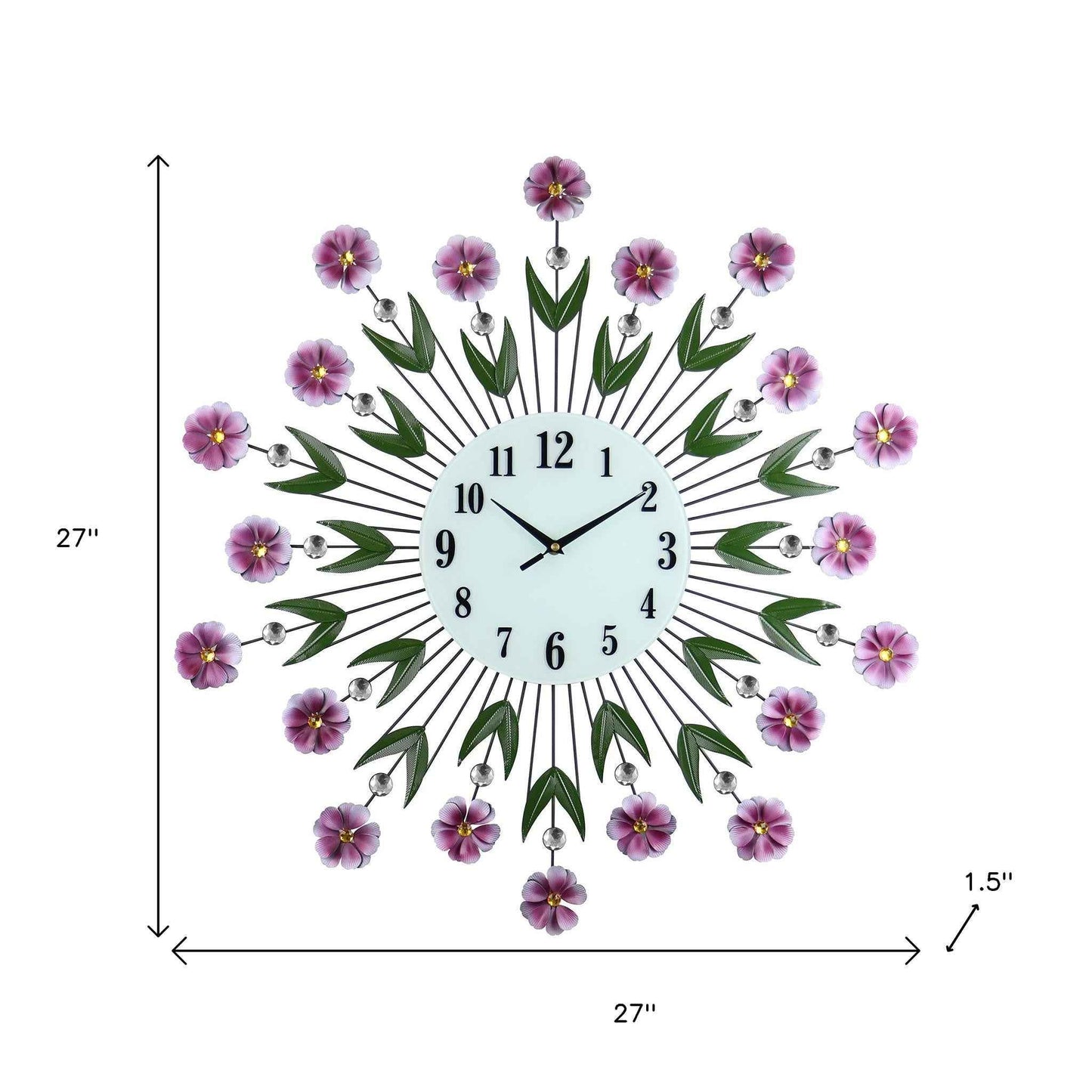 27" Purple Green And White Metal and Glass Silent Analog Floral Round Wall Clock