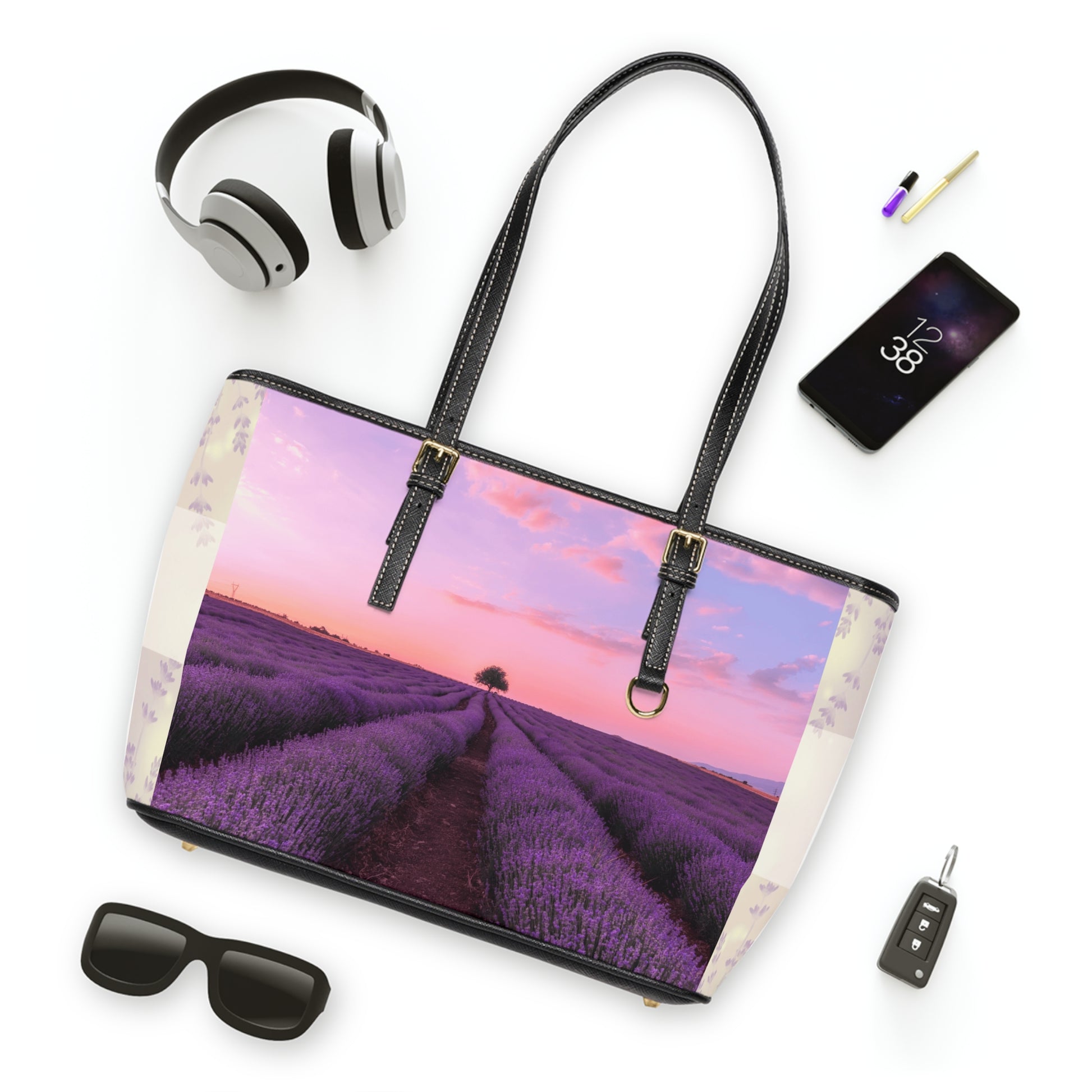 Lavender Fields Tote Bag - Stylish PU Leather Handbag Floral Purse - Rosetta Creative Boutique