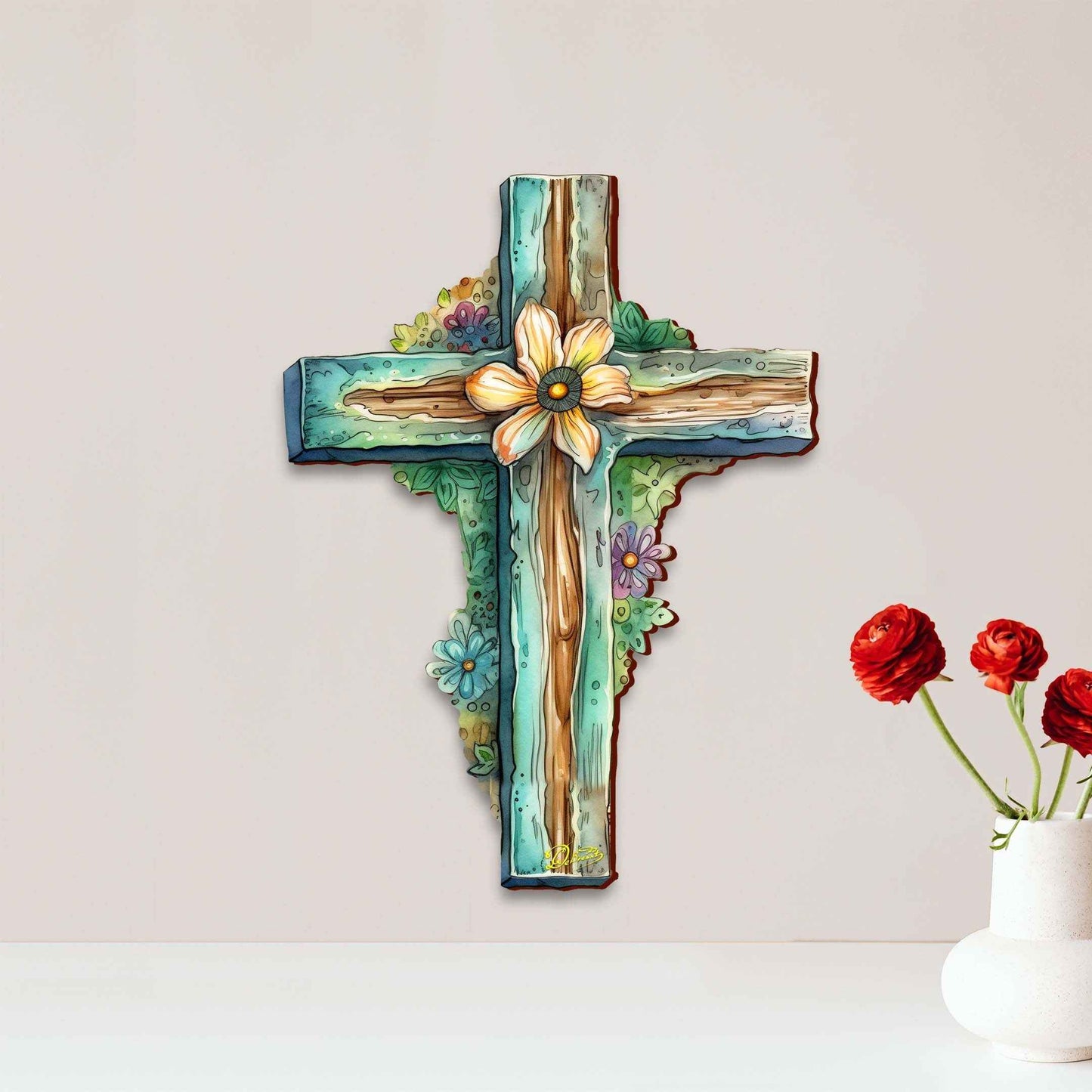 Teal Wooden Cross by G. Debrekht - Easter Spring Decor - 88164